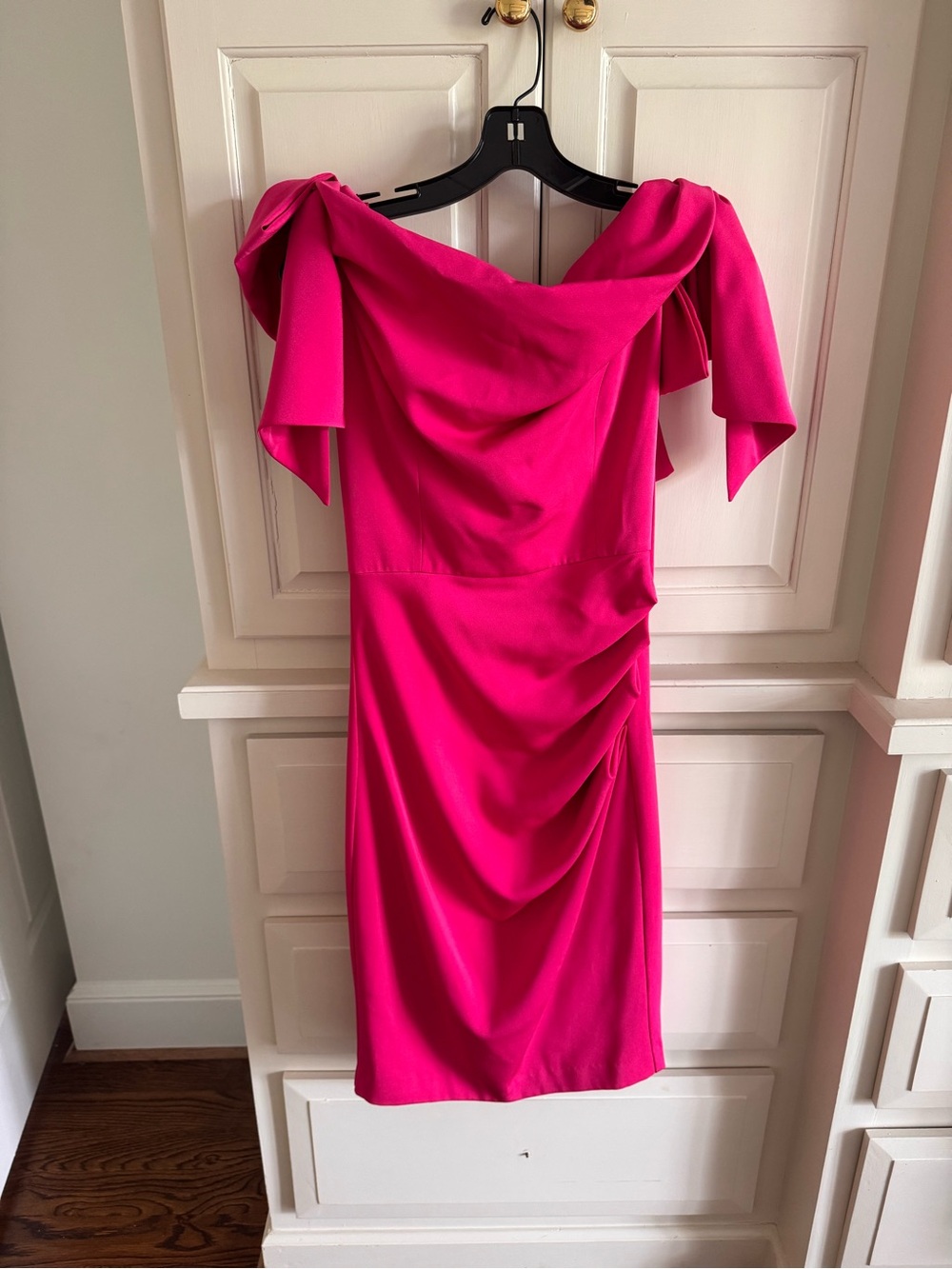 NADINE MERABI Hot Pink Off the Shoulder Draped Cocktail Dress